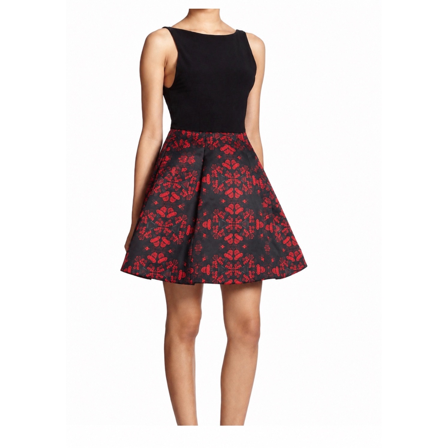 Alice + Olivia Amabel Floral Print-Skirt Dress Black Red Sleeveless Size 2